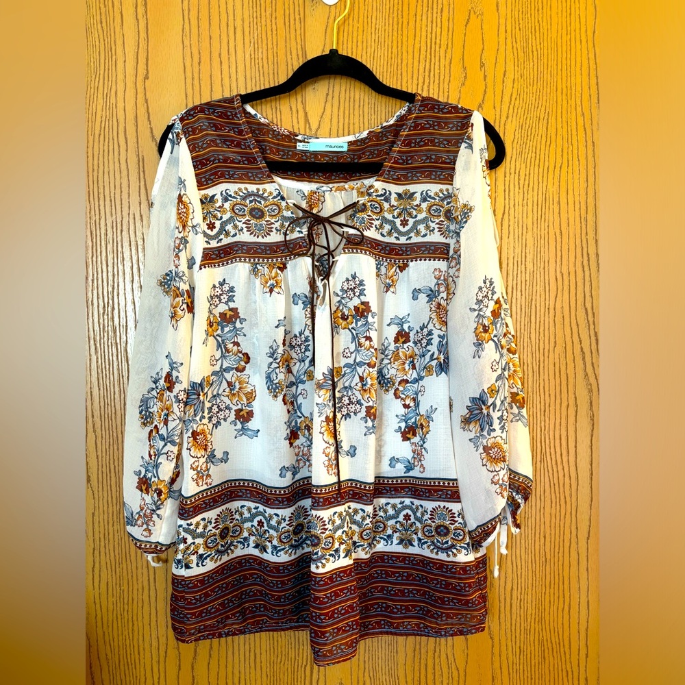 Maurices White Floral Boho Peasant Blouse with Brown and Blue Accents